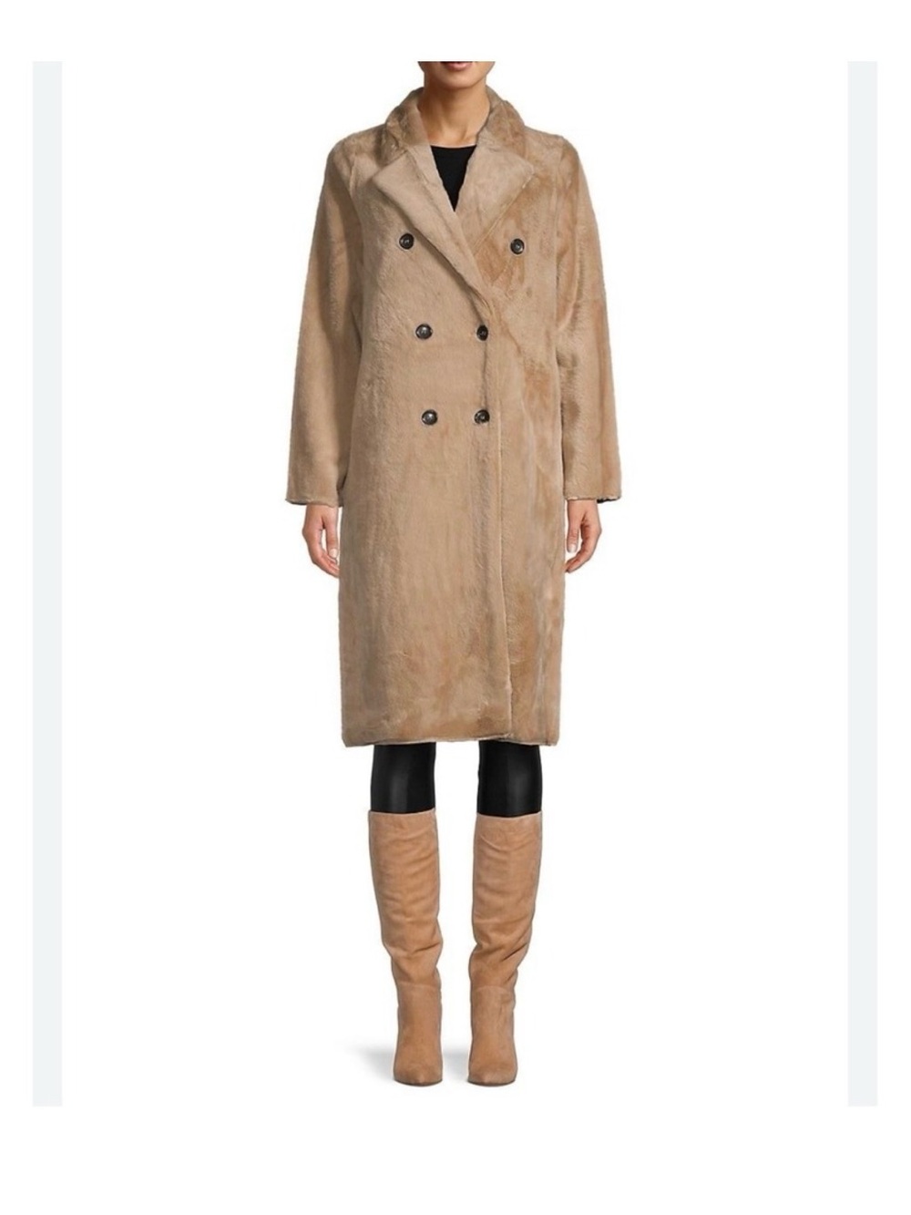 Magaschoni Camel Double-Breasted Faux Fur Trench Coat